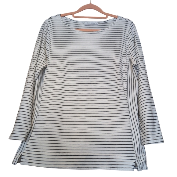 cut loose Tops - Cut Loose Vertical And Horizontal Black And White Stripe Boatneck 3/4 Sleeve Tee